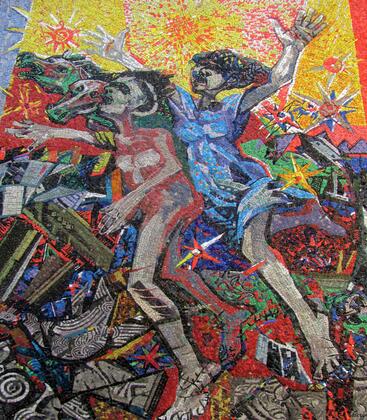 "Una parola contro la guerra" mosaico su disegno di Aldo Borgonzoni slide