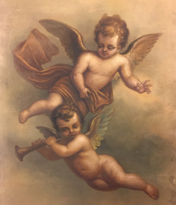 Coppia di dipinti: Putti alati con mostro marino -  Putti alati slide